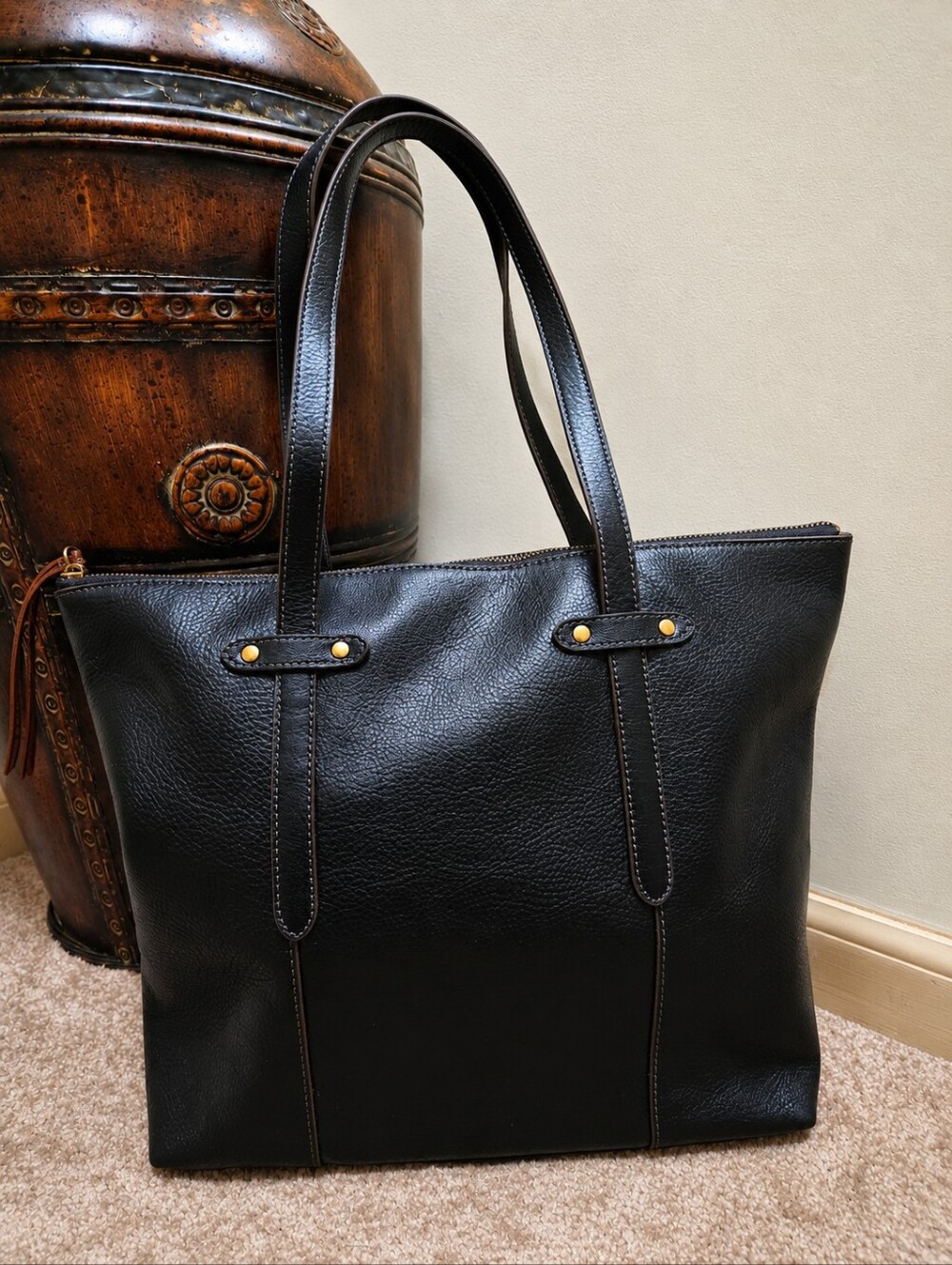 Fossil Black Pebbled Leather Tote Bag Zip Top Shoulder Purse Large
